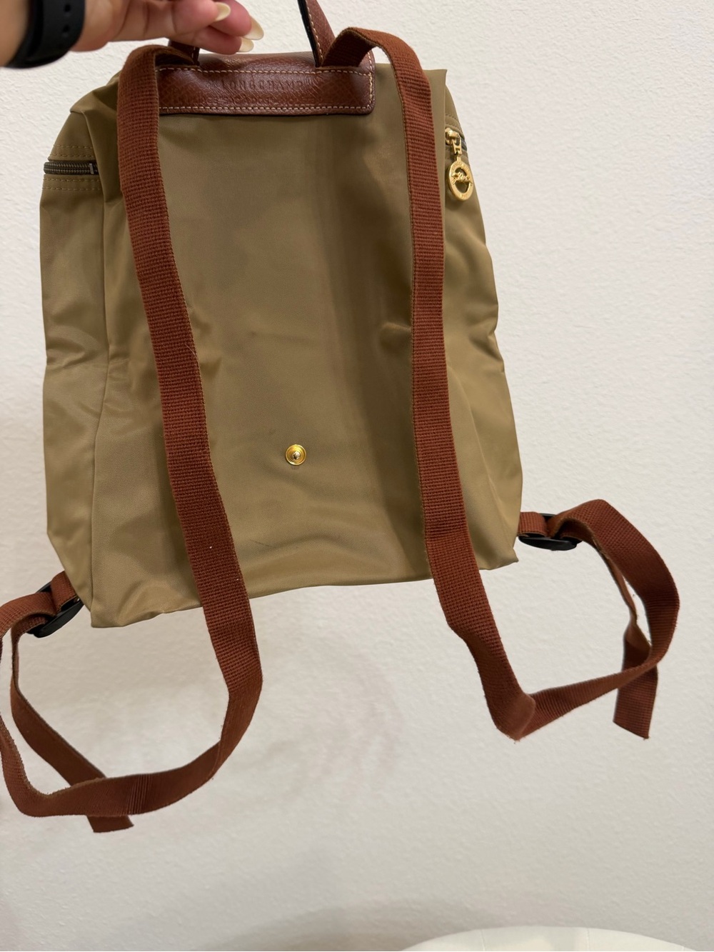 Longchamp Olive/Brown Original Backpack with Gold Snap L1699089P49 - Picture 4 of 10